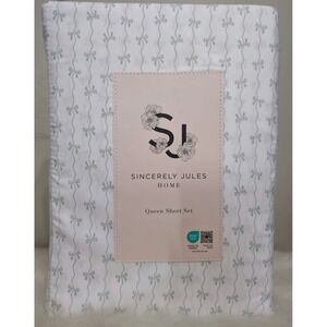 Sincerely Jules Home Queen Sheet Set Bow Pattern Green White NWT